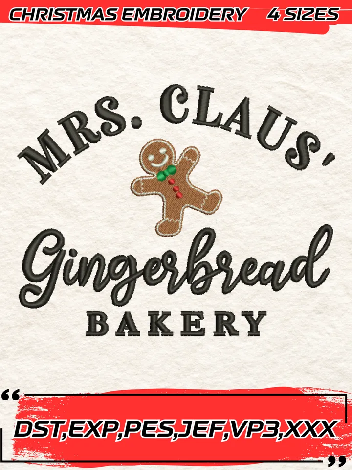 Mrs. Claus' Gingerberad Bakery Embroidery Design,Christmas Embroidery Design,4 Sizes, Digital Download