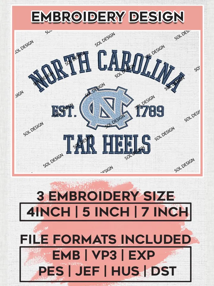 North Carolina Tar Heels Est 1789 Embroidery Designs, NCAA North Carolina Tar Heels Team Embroidery, NCAA Team Logo, 3 sizes, Machine embroidery Files, Digital Download