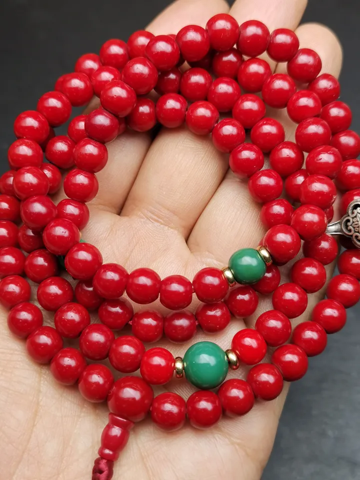 Gandhanra Old Tibeatan Red Glass Mala,8mm Prayer Beads with Turquoise Beads Silver Dzi Bead
