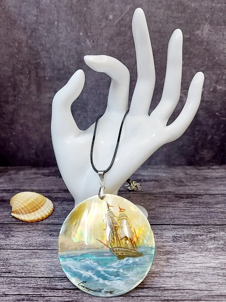 Pearl pendant necklace: Sailboat on the waves painted on shell jewelry • Free sail in sea • Dainty hand made jewellery with ship in ocean