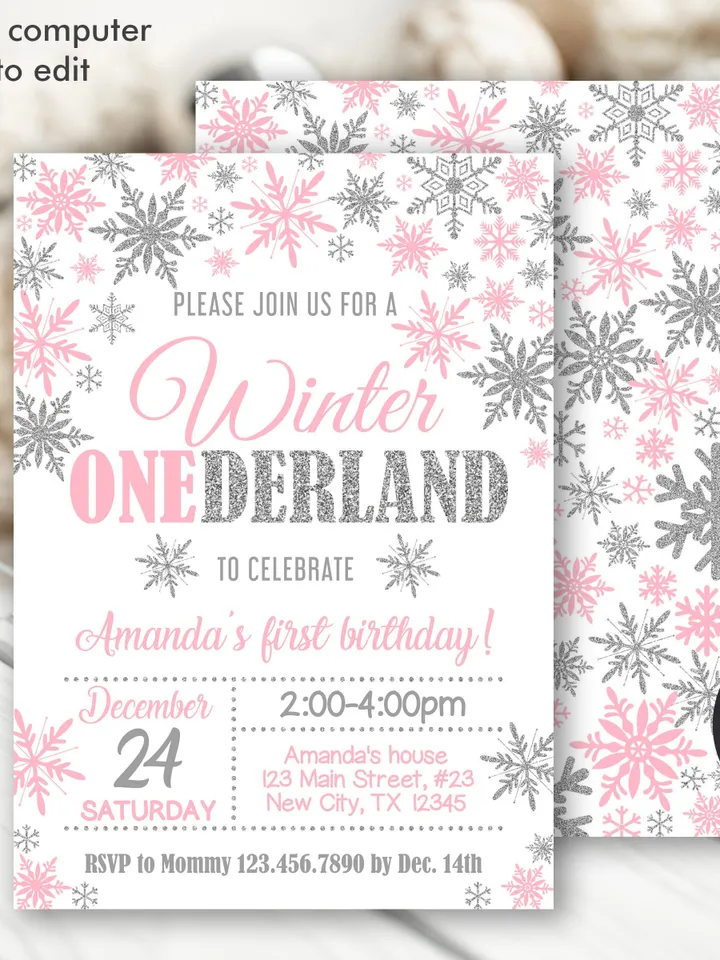 Winter Onederland Invitation Girl 1st Birthday Invitation, Winter Wonderland Birthday Invitation, First Birthday Snowflake Editable Template