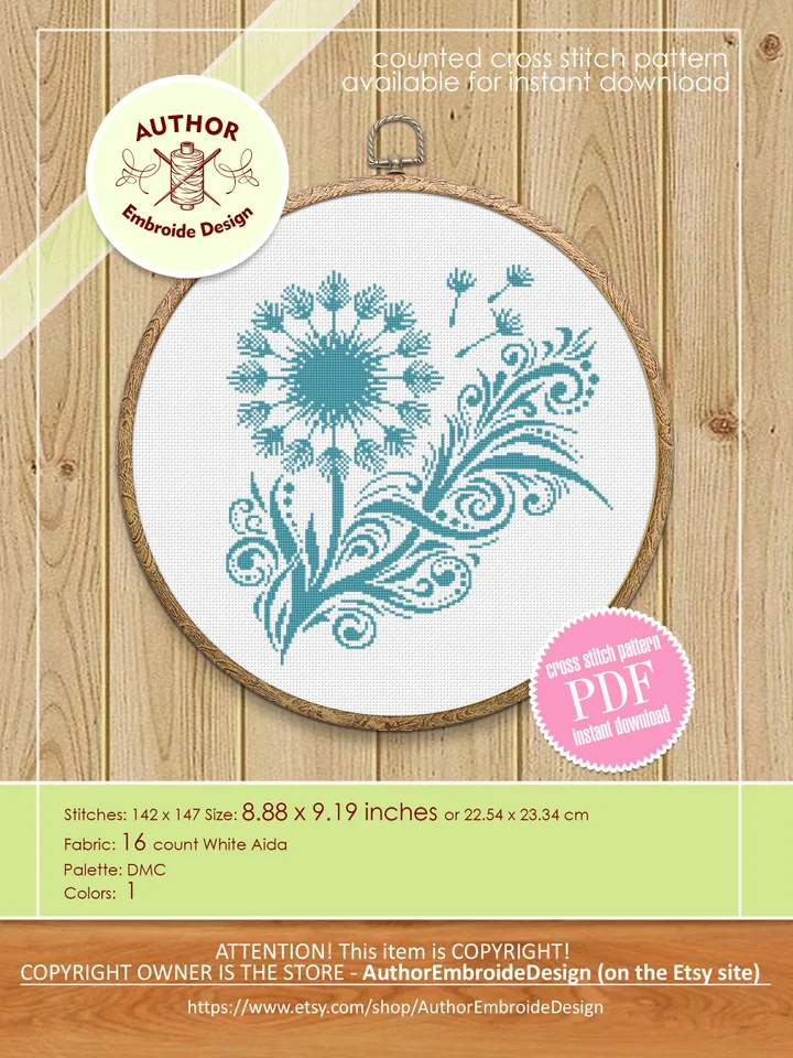 Dandelion cross stitch pattern PDF download Wild flower cross stitch chart, Easy floral pattern digital for beginner, Dandelion mandala #P53