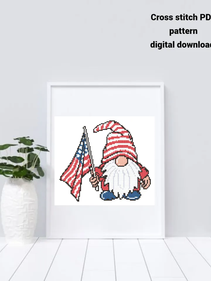Patriotic Gnome cross stitch PDF pattern, Flag USA embroidery design, Independence Day, Instant download