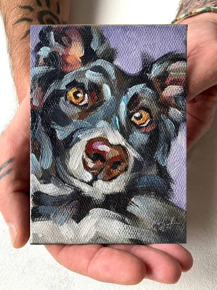 Dog oil painting original, Pet portrait artwork, Animal miniature wall art 4x6
