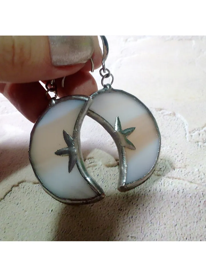 Glass crescent earrings, Moon and stars, Witchy goth aesthetic, Tin soldered moon earrings, Halloween, Witch earrings