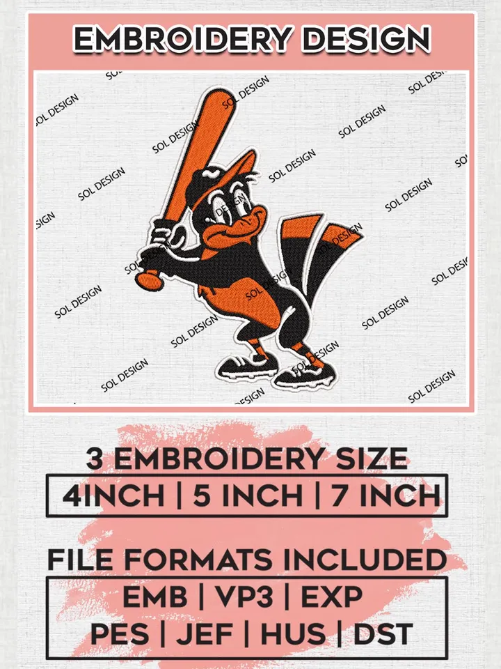 MLB Funny Baltimore Orioles Mascot Logo Machine Embroidery Files, MLB Baltimore Orioles Team Embroidery, MLB Teams, 3 sizes, MLB Machine embroidery designs, Digital Download