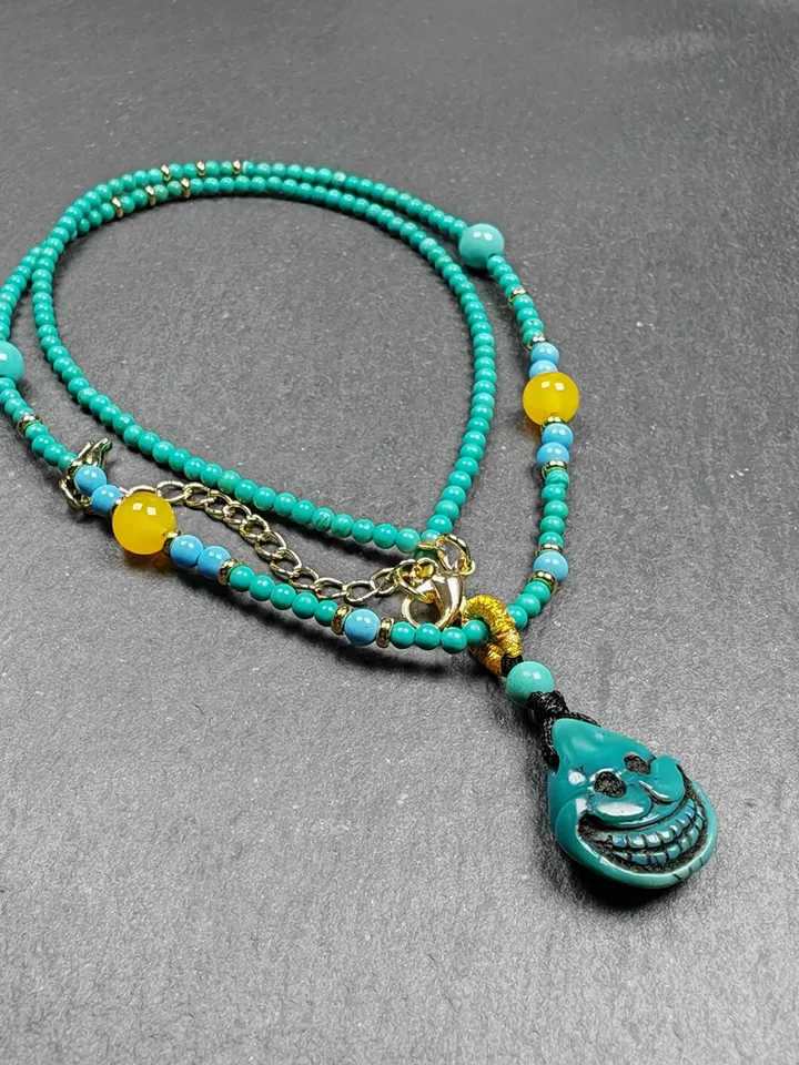 Authentic Turquoise Citipati Skull Protective Necklace,Gandhanra Tibetan Turquoise Amulet for Woman,23cm Length, Spiritual Gift