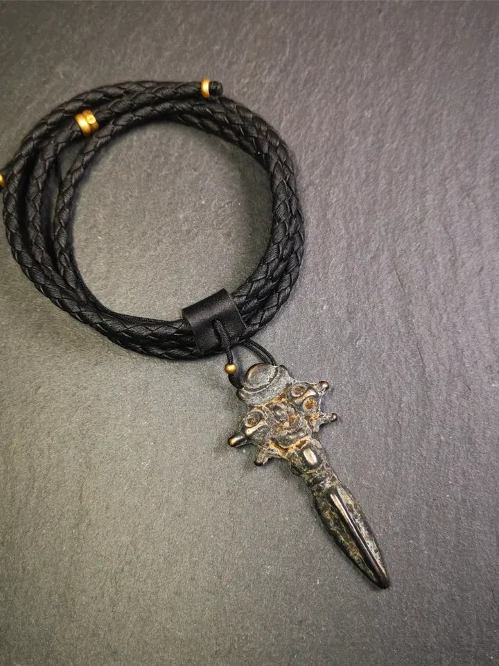Gandhanra Antique Tibetan Amulet Necklace,Cross Vajra Phurba,Kila(Dorje Phurba) ,Made of Thokcha,70 Years Old,2.36"