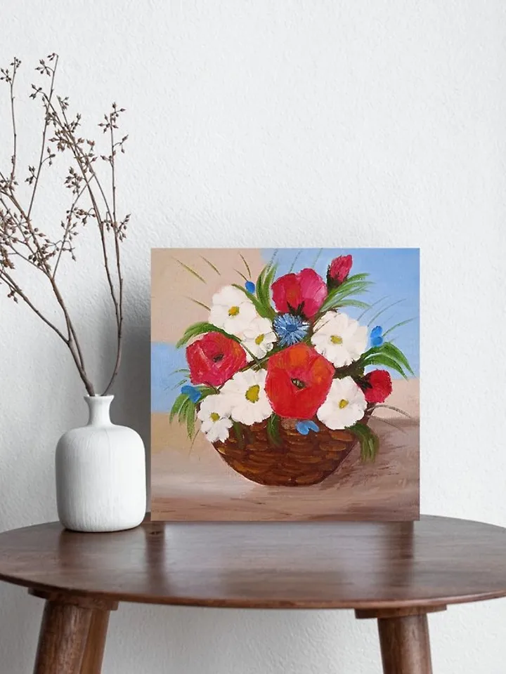 Painting with red flowers Basket daisies Original floral art Original painting