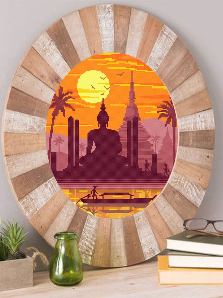 Thailand Buddha statue cross stitch pattern download PDF Nature landscape embroidery Sunset cross stitch Buddha painting stitch chart #L6