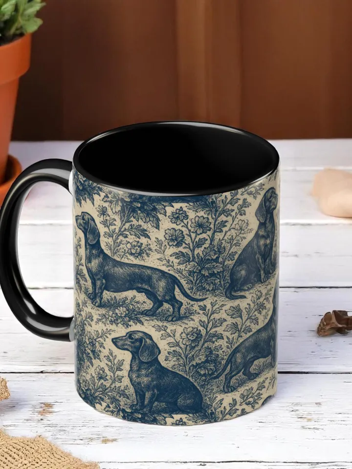 Dachshund French Toile de Jouy Ceramic Mug, Toile Coffee Cup for Doxie Mom, Sausage Dog Lover Gifts, Dog Tea Drinkware, Gift For Dog Lovers