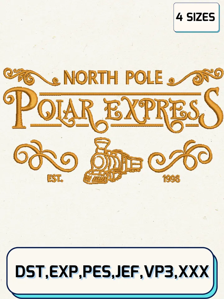 North Pole Polar Express Embroidery Designs,Christmas Embroidery Designs,Machine Embroidery Files,4 Sizes