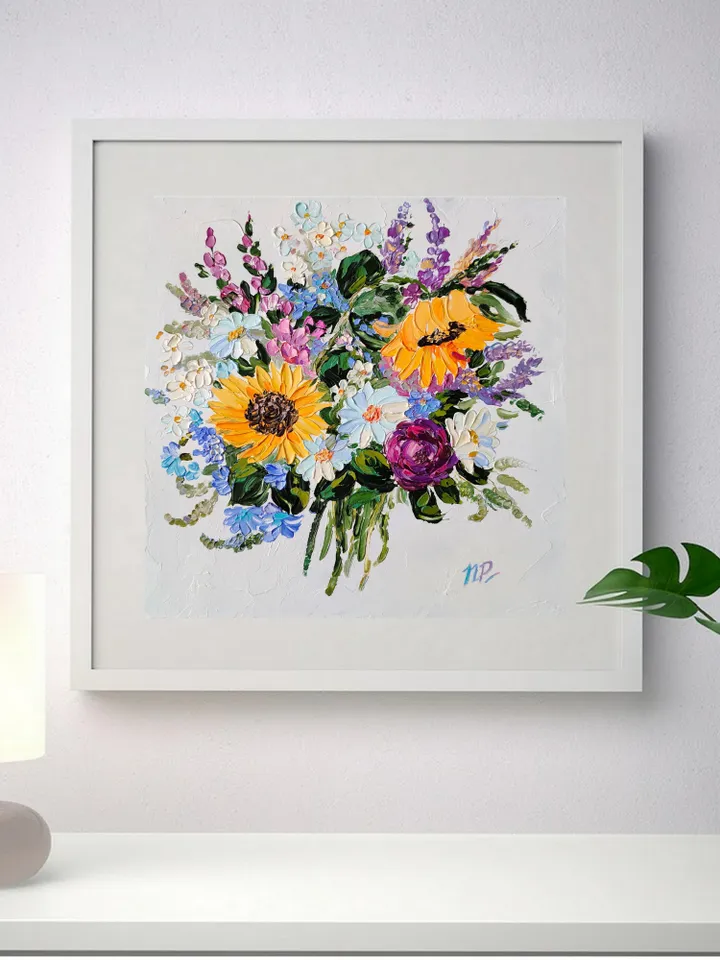 Sunflower painting Flower Original Art 10 by 10 inches Floral Artwork impasto oil painting art by Natalia Plotnikova