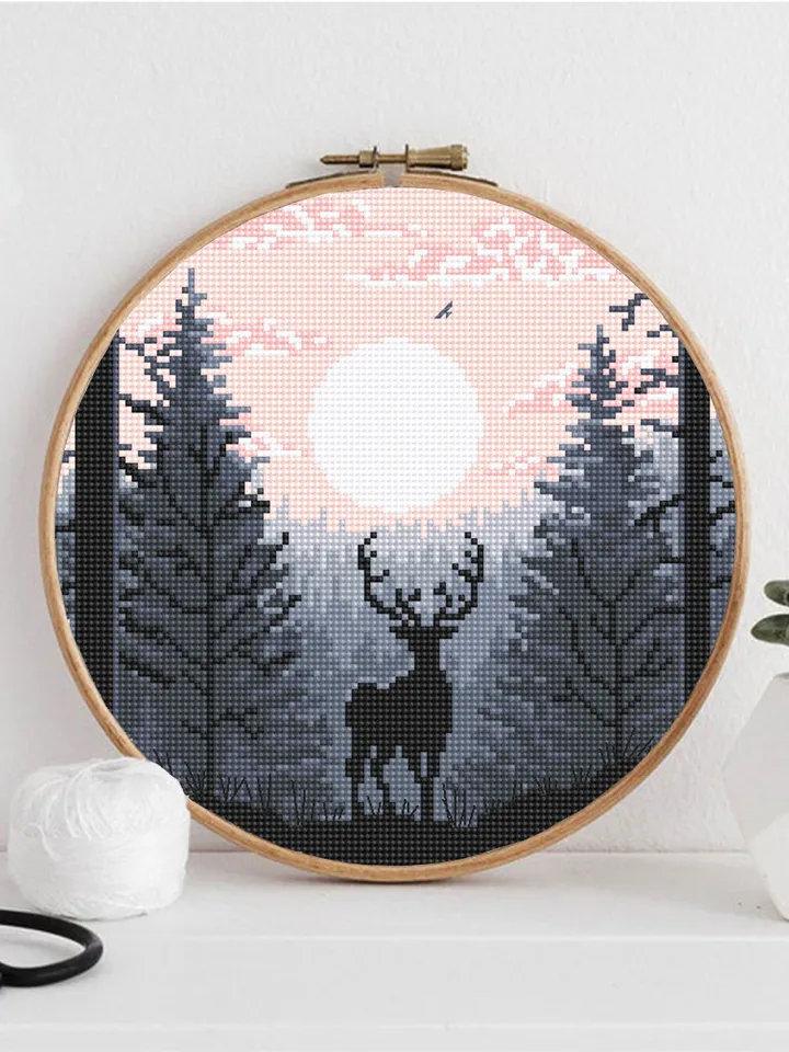 Nature landscape cross stitch pattern PDF download Deer cross stitch chart, Simple cross stitch beginner, Forest sunset digital pattern #L74