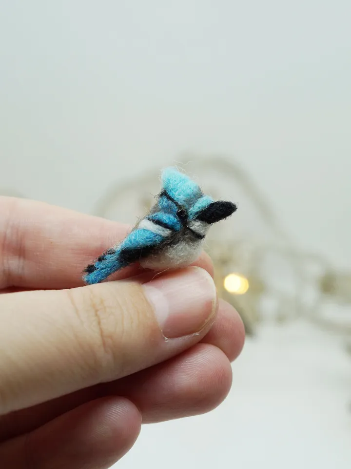 Tiny needle felted blue jay, miniature bird, made to order