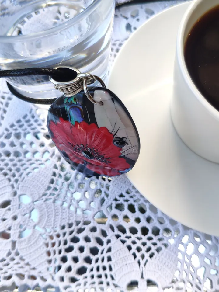 Pearl pendant necklace: Big red poppy flower on handmade necklace • Hand painted statement jewelry for dress • unique trendy floral necklace