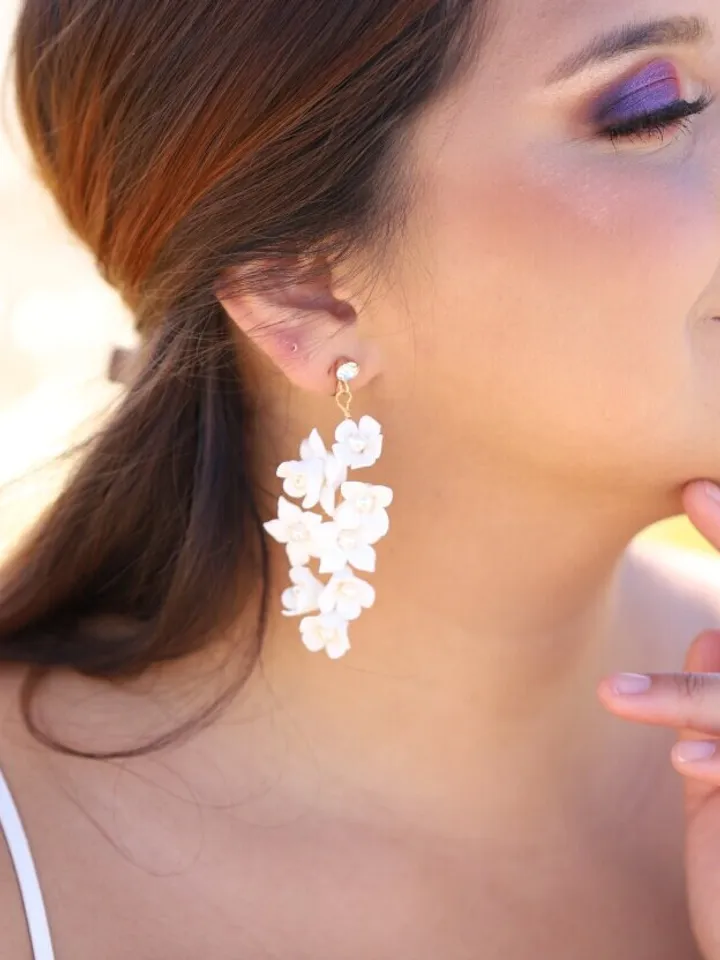 Delicate Full Porcelain Flower and Leaf Boho Wedding Earrings For Brides, Floral Bridal Earrings, Statement Wedding Jewelry, Bridal Jewelry
