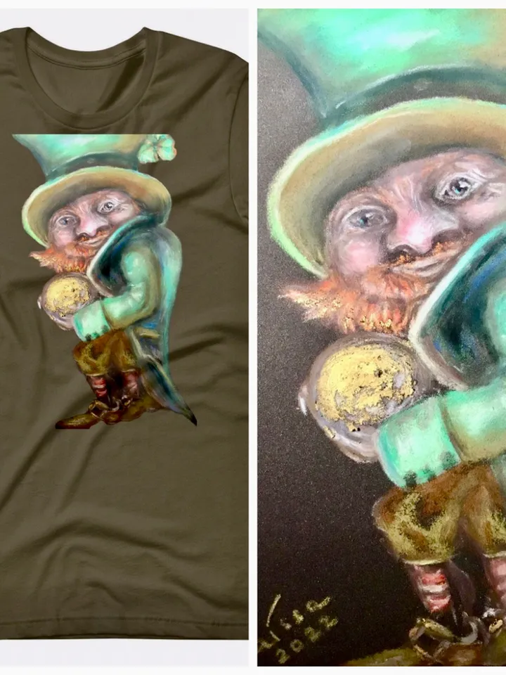 Unisex good luck leprechaun with golden coin t-shirt made from my original pastel painting,designer t shirts,unique handmade wearable gifts.
