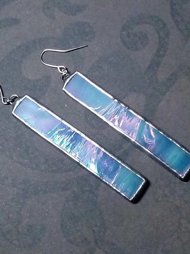Iridescent stained glass blue earrings, cute rectangle earrings, dichroic earrings, duochrome earrings