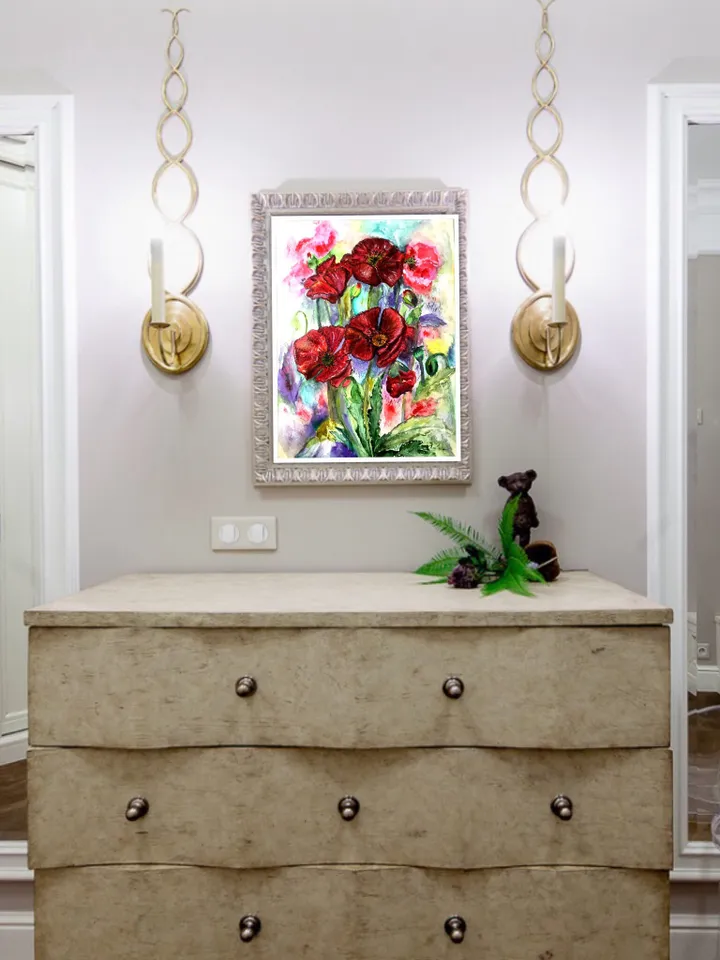 Poppies painting.Bright red flowers on abstract background ,watercolour original painting,framed.Gift for her.