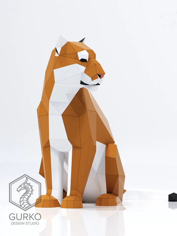 Papercraft Sitting Tiger Turned, Cat, Digital Template, PDF Download, Gurko, LowPoly, Pepakura, DIY Origami Sculpture, Paper Party Decor