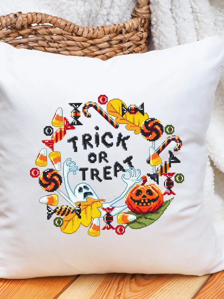 Trick or treat cross stitch pattern download PDF Halloween wreath cross stitch chart, Halloween pattern digital PDF, Candy cross stitch #H49