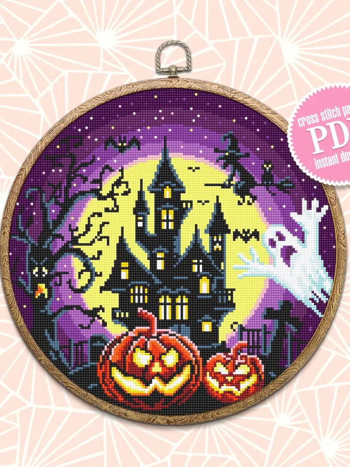 Halloween cross stitch pattern download PDF Spooky haunted house cross stitch chart, Halloween pattern digital PDF, Ghost, Pumpkin #H7
