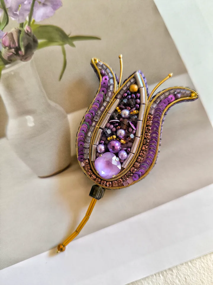Brooch Flower, beaded brooch, flower embroidered, gift ideas, violet brooch