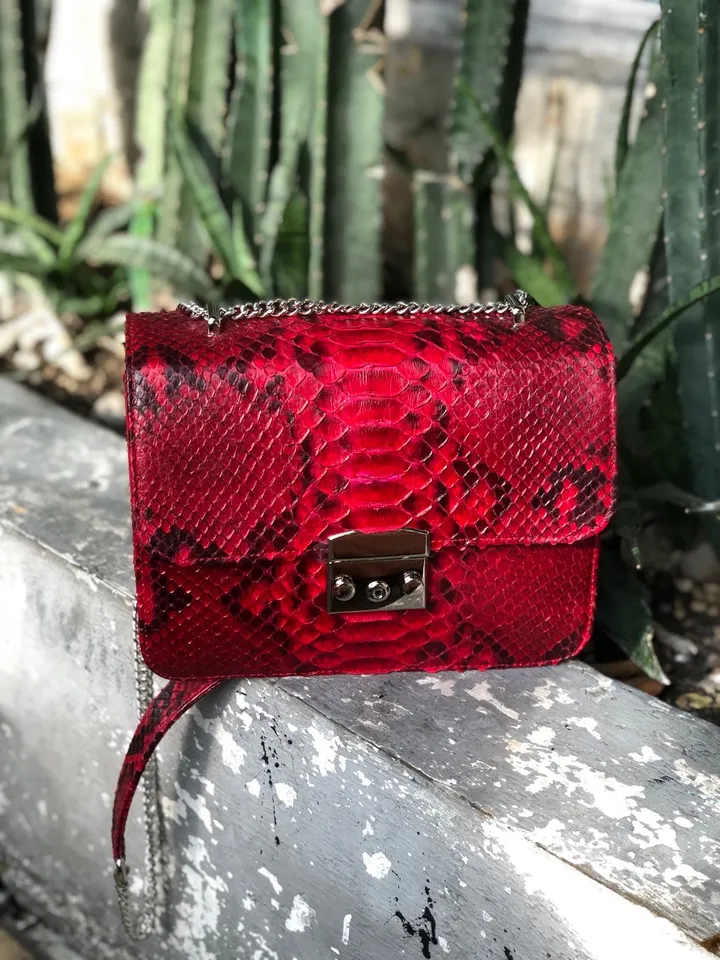 Red Genuine Python Skin Bag Purse Chain Crossbody | Classy elegant red leather bag | Handmade designer Bag | Exotic skin bags | Red bag