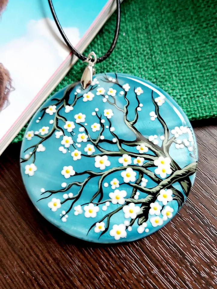 Pearl pendant necklace: Almond Blossoms by Vincent van Gogh on stylish mother of pearl necklace • Hand painted aesthetic pendant for women