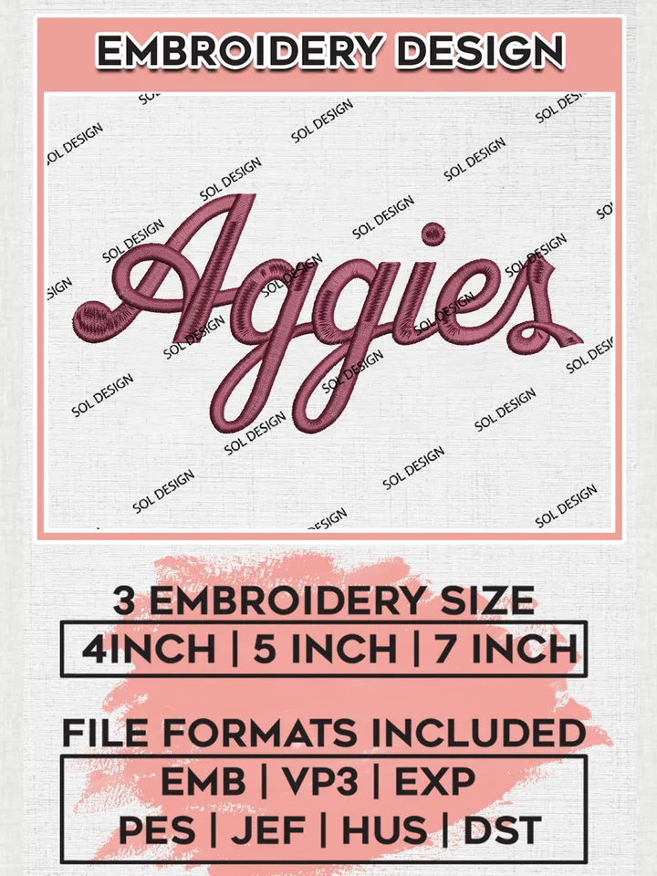 NCAA Aggies Team Word Logo Embroidery Design Files, NCAA Texas A&M Aggies Machine Embroidery, NCAA Teams, 3 sizes, NCAA Machine embroidery designs, Digital Download