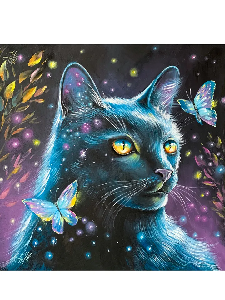 Black Cat and butterflies, oil painting on cardboard