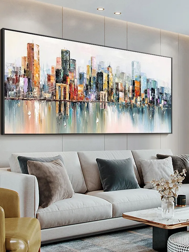 Abstract Cityscape Oil Painting, Large Original Colorful Urban City Landscape Oil Painting on Canvas, Modern Blue Living Room Wall Art Decor