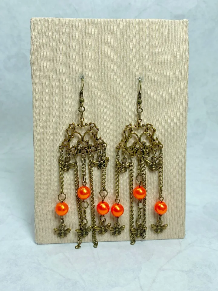 Vintage earrings with fly pendants. Interesting design. Handmade.