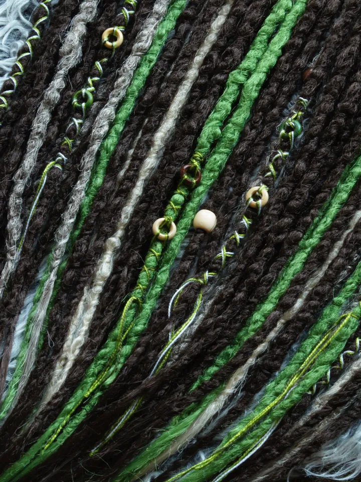 Boho Viking Dreadlock Extensions Handmade Brown Green White Faux Dreads Single or Double Ended with Beaded Wraps Boho Chic Hair Accessories