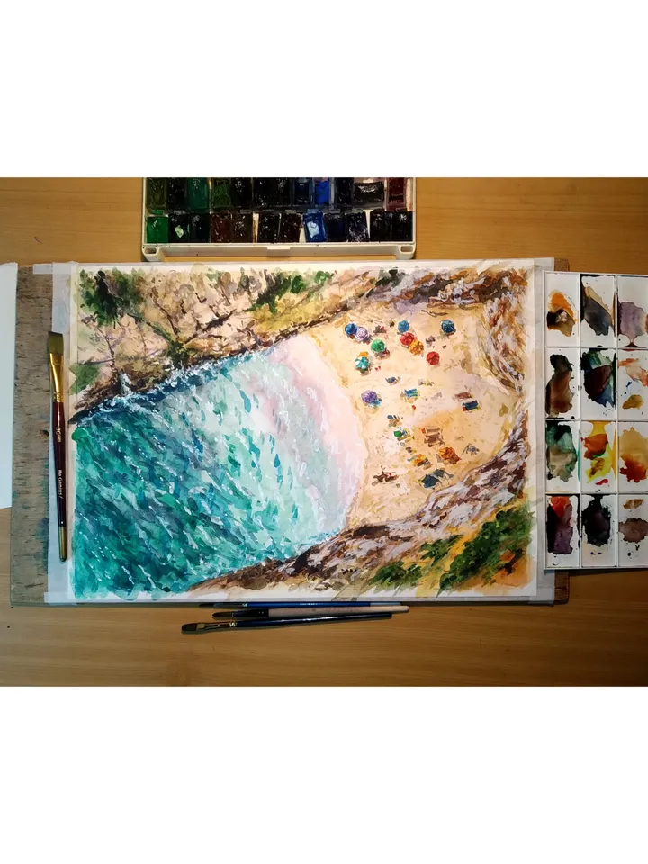 Azure Coast Painting Aerial Original Art Watercolor Artwork France Painting Beach Wall Art 11 by 16 by TatianaArtShop