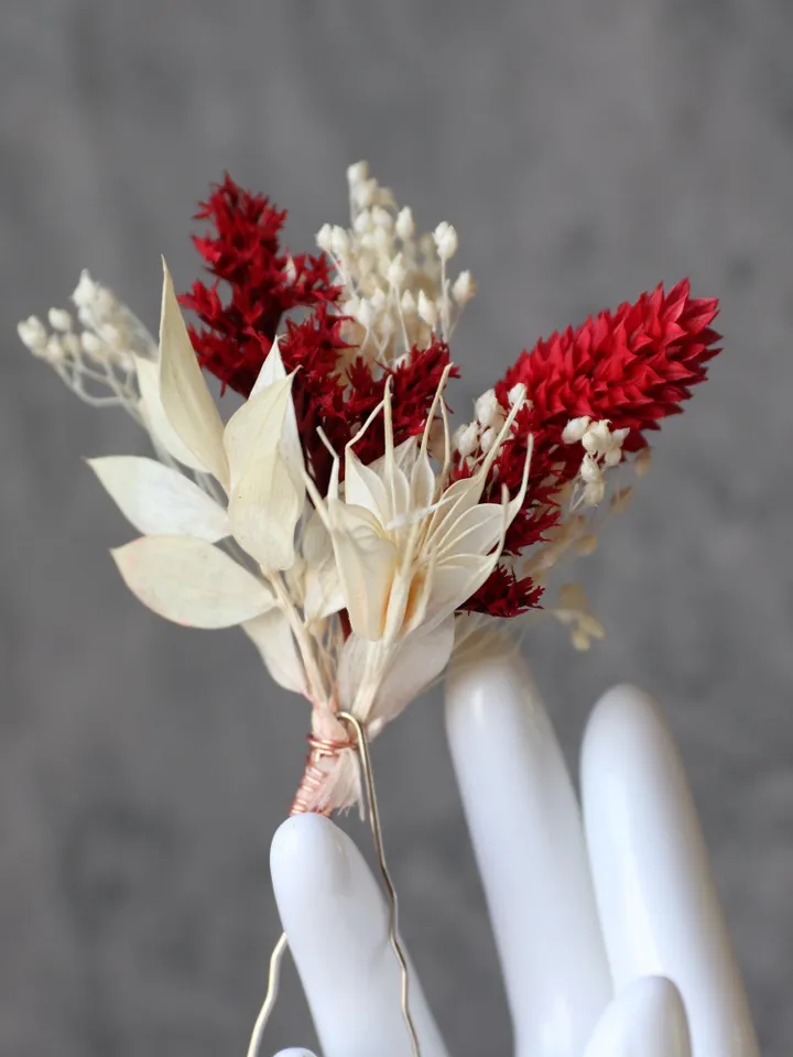 Natural Dried Flower Wedding Crown & Bouquet Set, Wedding Hair Accessories, red wedding crown, elegant flower crown