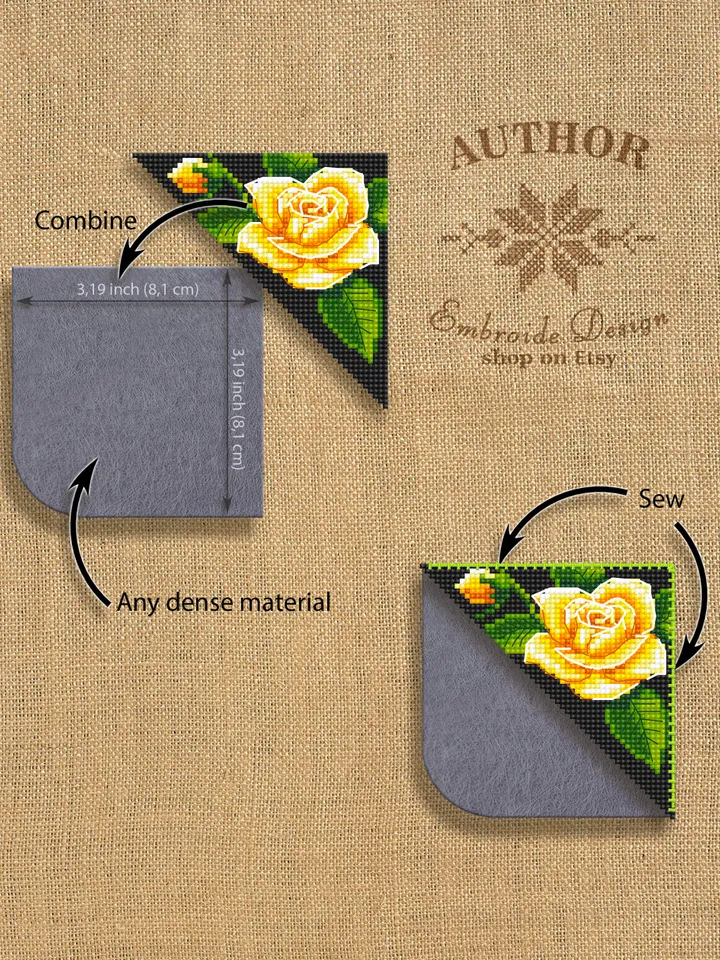 Corner bookmark cross stitch pattern PDF download Yellow rose cross stitch chart, Floral bookmark corner digital PDF, Yellow flowers #B215