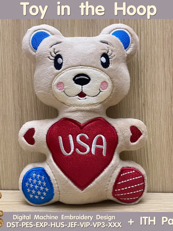In The Hoop Machine Embroidery design Patriotic USA   American Bear toy soft stuffed ITH Pattern.