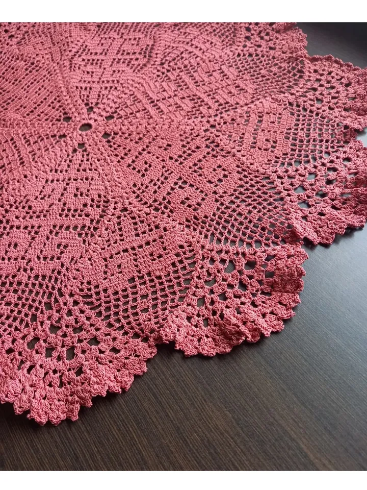 Hand crocheted large cranberry-colored doily 22 inch