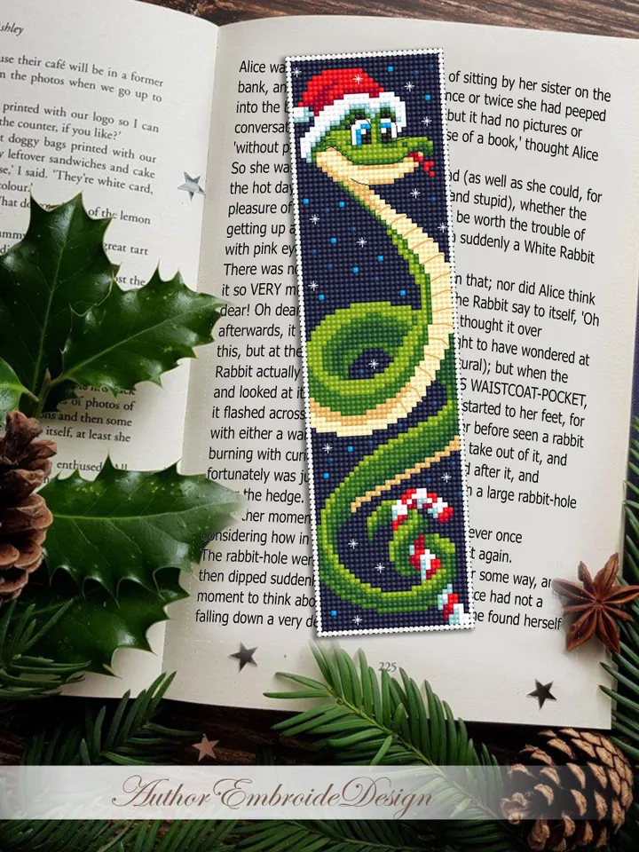 Christmas bookmark cross stitch pattern PDF download Cute snake cross stitch chart, Snake bookmark pattern digital PDF, Happy new year #B359