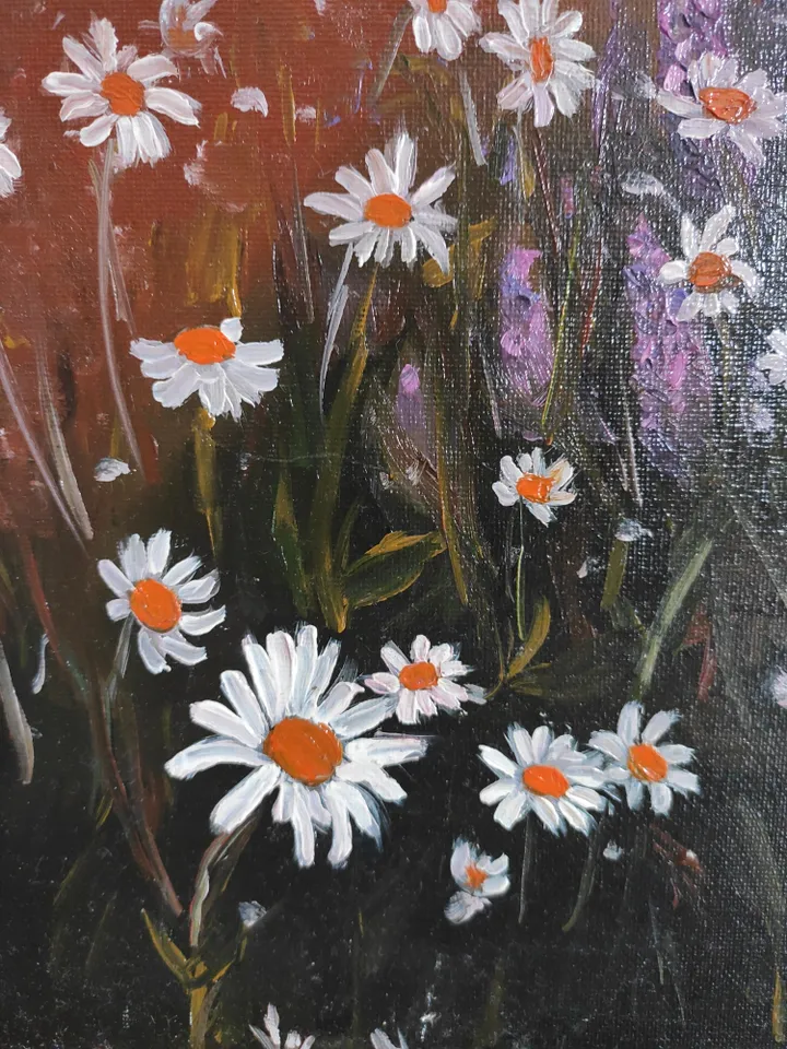 Oil painting landscape with daisies