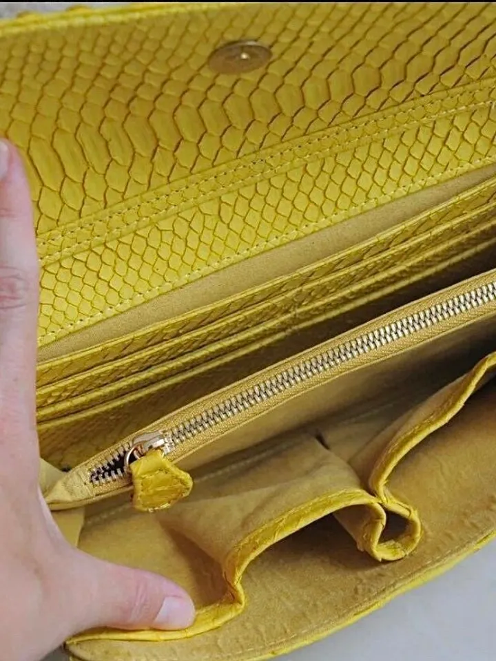 Genuine python skin classy yellow flat clutch with shoulder chain | elegant evening women purse | designer leather bags | small snake bag