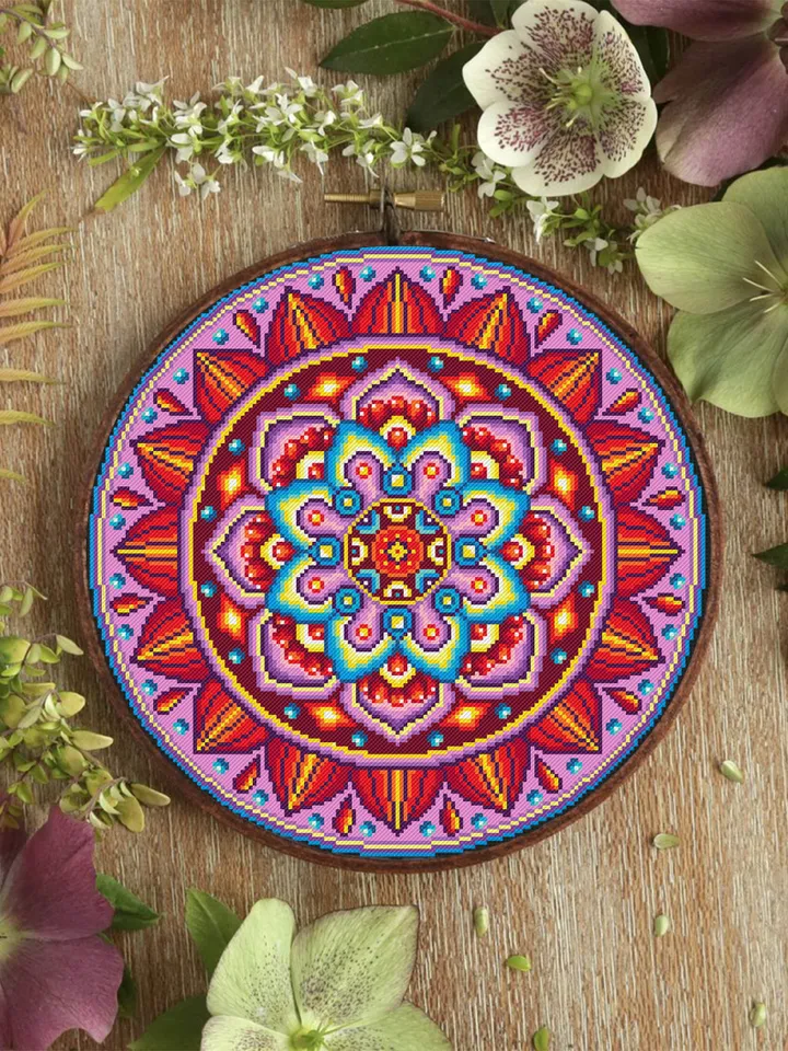 Bright mandala cross stitch pattern download PDF, Mandala ornament cross stitch chart, Modern beginner stitch, Colorful awesome pattern #M93