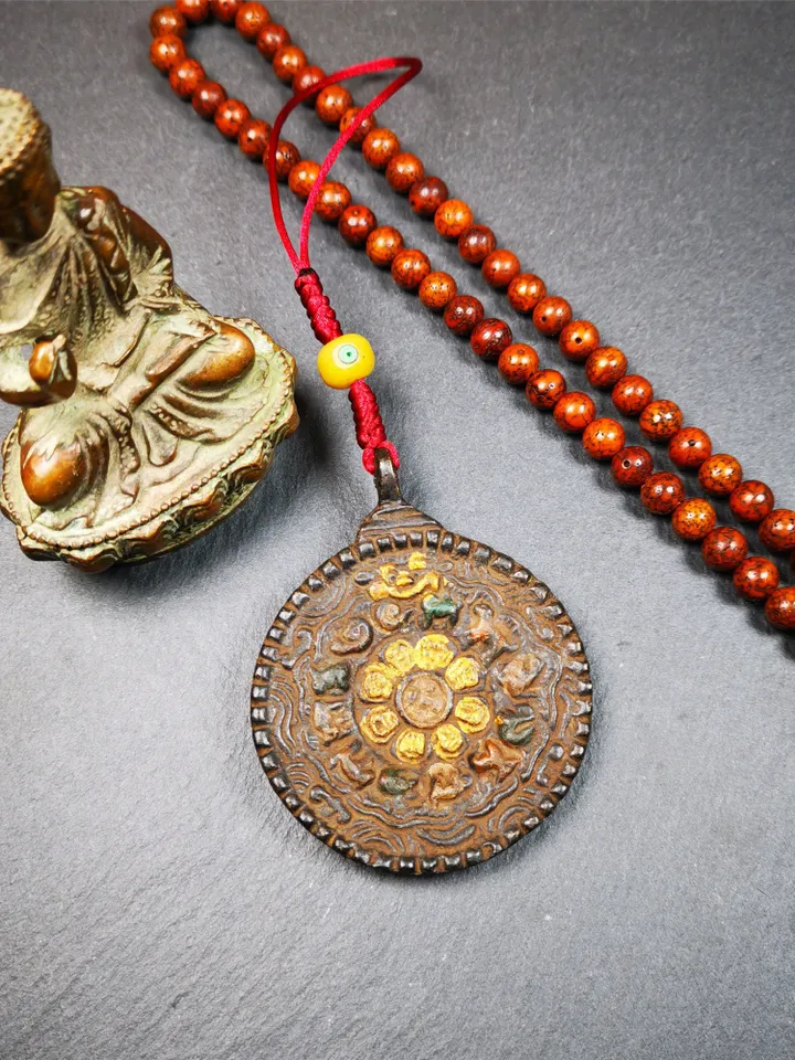Gandhanra Vintage Tibetan Buddhist Calendar Badge, Black Dakini,Troma Nagmo Melong Mirror, SIPAHO Amulet(srid pa ho),Made of Thokcha,2.2"