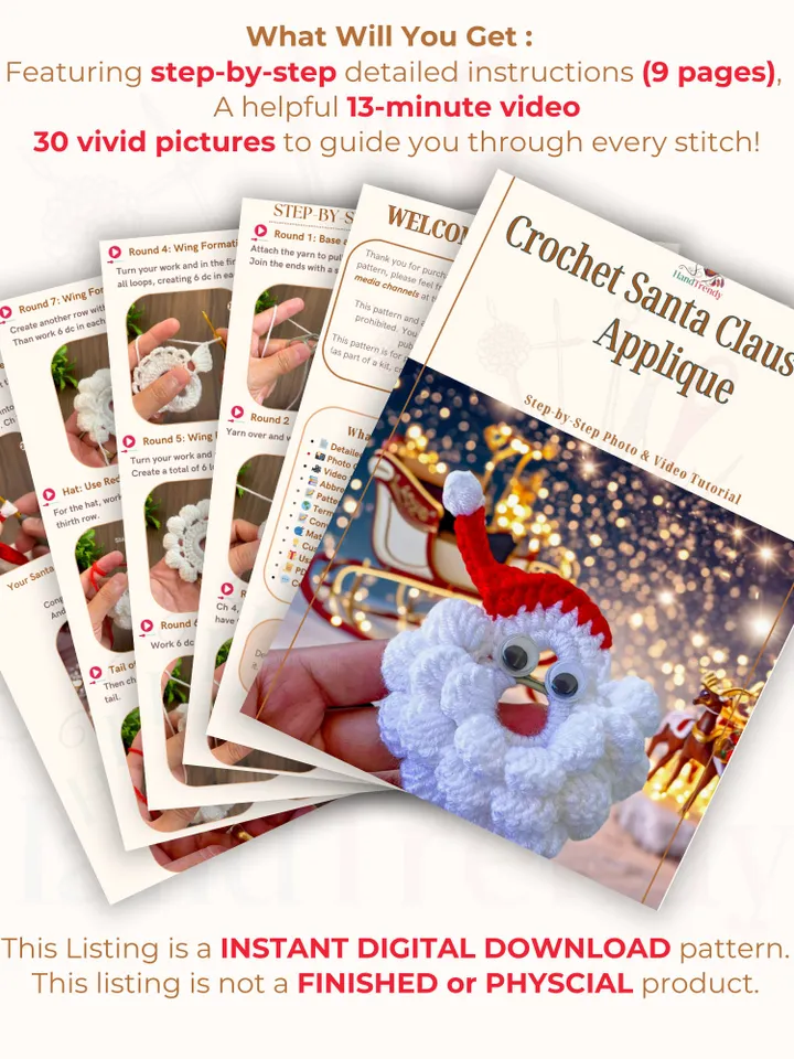 Crochet Santa Claus Face Applique - Crochet Xmas Tree Decor - Beginner-Friendly Crochet Santa Claus Pattern
