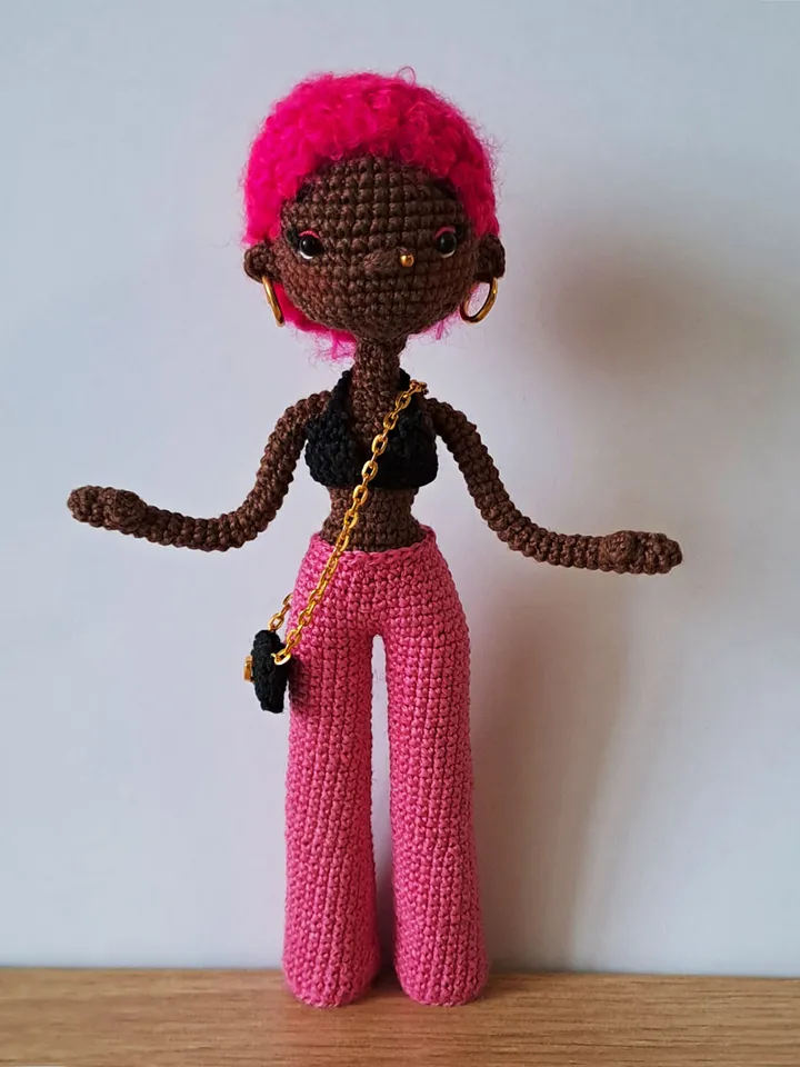 Pattern Black doll in pink. pattern Crochet african doll. afro american doll. crochet dark skin doll