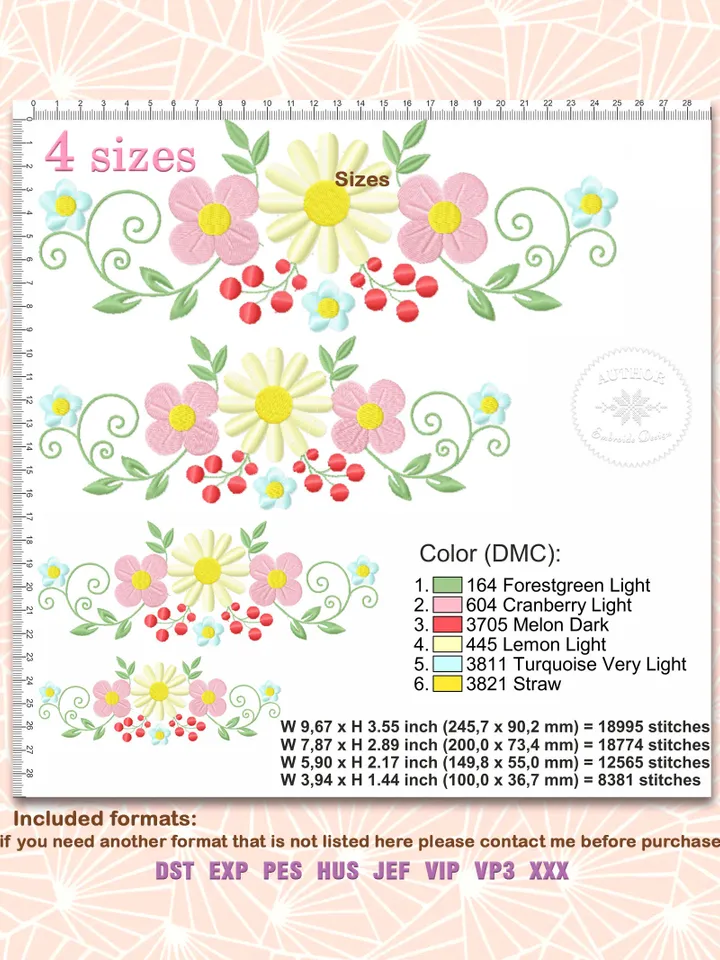 Flowers embroidery design Machine embroidery pattern 4 sizes, Flower embroidery files, Flower Bouquet, Floral border Instant Download #R16