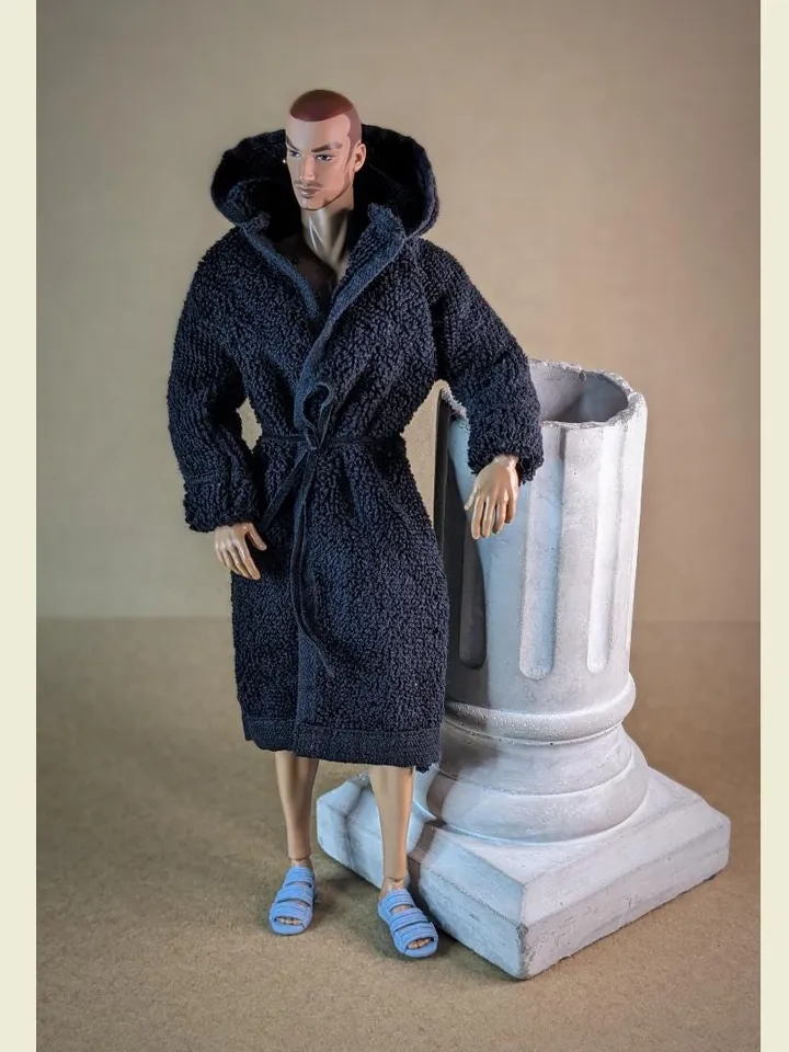 Navy blue terry bathrobe with a hood for 13 inch fashion male doll (FR Homme, Poppy Parker, Adonis)