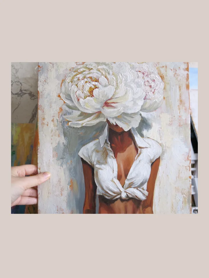 Original Oil Painting Portrait of a Girl With Flowers Woman Wthout Face With Peony Work of Art